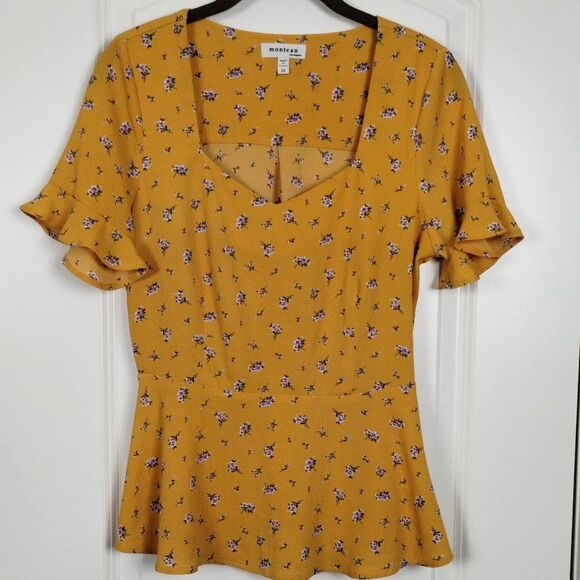 Monteau Tops - Monteau Womens Top Yellow Floral Ruffle Trim Short Sleeve Peplum Blouse Size M